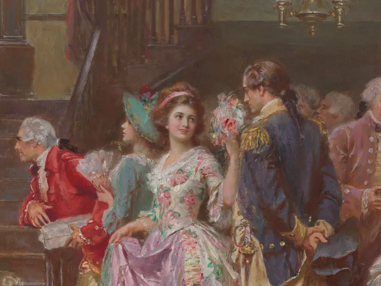 Oil painting of a woman dressed in a floral gown speaking to a man in military clothing at Washington's Silver Anniversary event. 