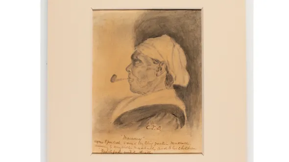 A sketch of Agnes Spurlock Hilton in profile with a pipe in her mouth