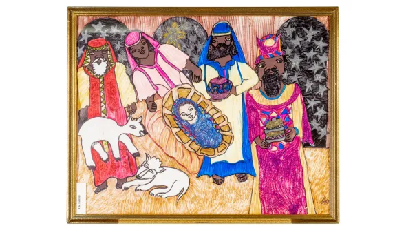 Interior scene with Jesus in manger in center surrounded by Mary and three men. Mixed media, including magic marker and glitter.