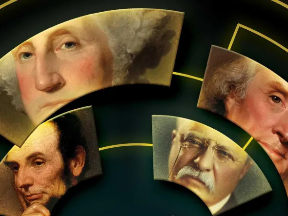 a collage of portraits of George Washington, Thomas Jefferson, Abraham Lincoln, and Franklin D. Roosevelt