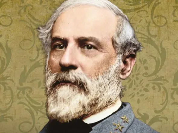 A stylized photo of Robert E. Lee in front of a green paisley background.