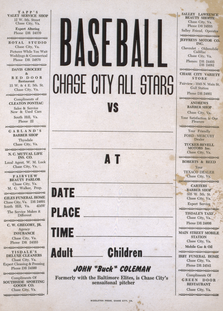 Ticket stub for the Chase City All-Stars, detailing the Date, Place, Time, and number of Adults and Children