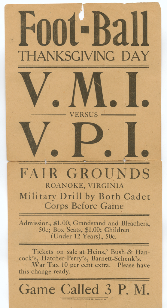 Broadside advertising VMI versus Virginia Tech in football, 1918