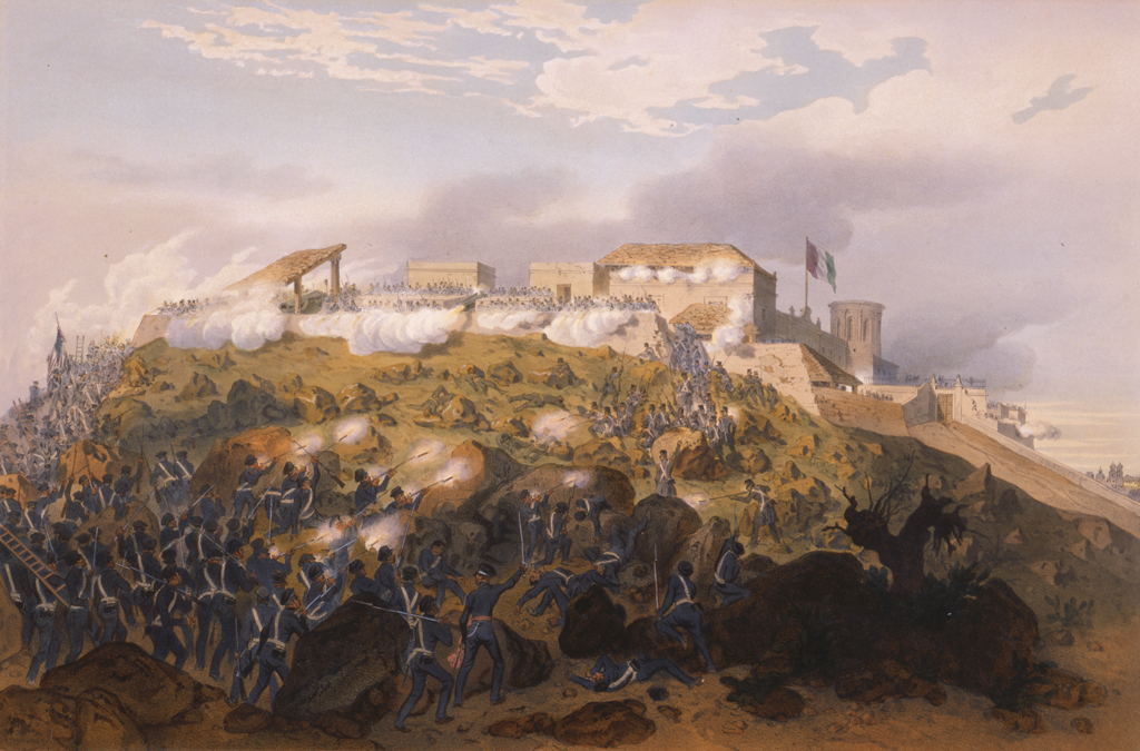 Painting by Carl Nebel of United States troops attacking the Chapultepec Castle outside Mexico City 