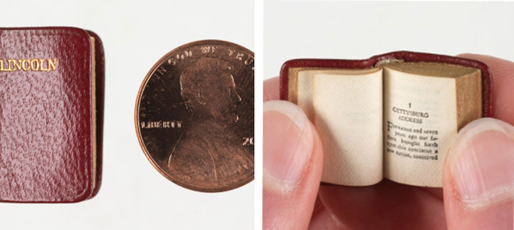 A miniature leather bound book shown next to a penny and side by side with a photo of the book open to The Gettysburg Address