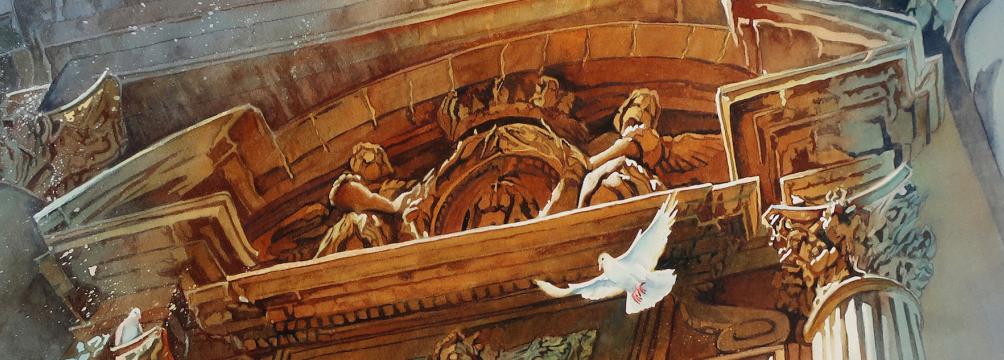 Detail of Heaven’s Gate by Susan Stuller (Midlothian, VA) -- Watercolor on paper A watercolor painting in tones of gold, orange, and grayish blue of a large ethereal gate with two doves flying upward
