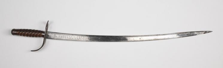 Daniel Morgan’s Sword, about 1776, 1935.9.A-B The inscription translates, “Draw me not without reason.” On the reverse: “Sheath me not without honor.” Morgan, captain of a Virginia rifle company, won one of the most decisive victories of the war, at Cowpens, South Carolina.