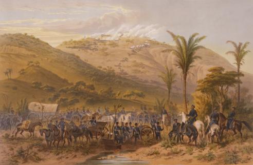  Painting of the battle of Cerro Gordo, showing mountain area and palm dress in the background, with an U.S. troops in the foreground     
