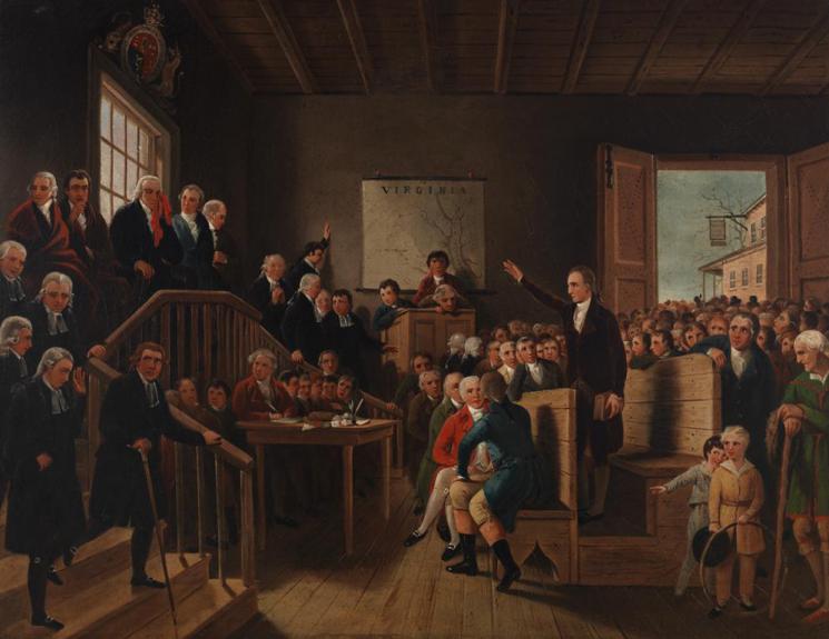 “Patrick Henry Arguing the Parson’s Cause at the Hanover County Courthouse,” painted about 1834, 1965.2 Colonists subsidized the salaries of priests and were pleased when new laws reduced those salaries. When King George III issued a veto, clergy sued their communities for back pay. Patrick Henry, defending Hanover County, asserted that a king who vetoed popular laws was a tyrant who should not be obeyed.
