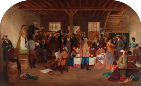 Slave Auction Showing African American Slaves Grouped in a Corner with White Individuals Placing Bids, by Lefevre James Cranstone, 1860–63    