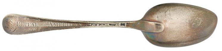 ”Repeal of the American Stamp Act” spoon, 1766, 1972.12 Landon Carter of Richmond County directed his London merchant to send him tablespoons––if the Stamp Act was repealed, send them in silver but if not in lowly horn or bone.