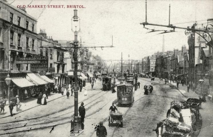 Old Market Street, Bristol (VHS accession number: 1999.17.983). Black and white photograph postcard of the Old Market Street, Bristol, Va. paper, 8.89 cm x 13.97 cm. Old Market Street, Bristol
