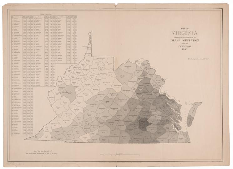 Map of Virginia: Showing the Distribution of its Slave Population, from the Census of 1860, Edwin Hergesheimer, 1861 (Purchased with funds from the Frank F. Byram Memorial Fund; VHS call number: Map.F221.1861.11) Map of Virginia: Showing the Distribution of its Slave Population, from the Census of 1860
