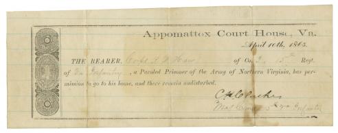 Appomattox parole for Corporal Richardson Wallace Haw of Company I of the 15th Virginia Infantry Regiment.