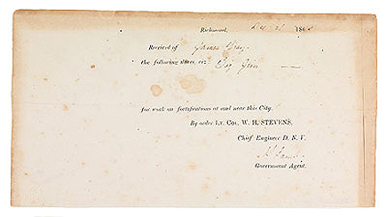 Receipt for Work on Fortifications Completed by "Big Jim," a slave of James Gray (Pamplin Historical Park & The National Museum of the Civil War Soldier) Receipt for Work on Fortifications Completed by "Big Jim," a slave of James Gray