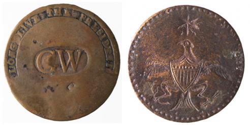 Two examples of clothing buttons, made of brass or copper, to commemorate Washington’s inauguration