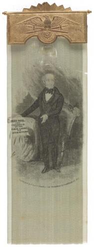  A ribbon with an image of Martin Van Buren standing at a desk.  