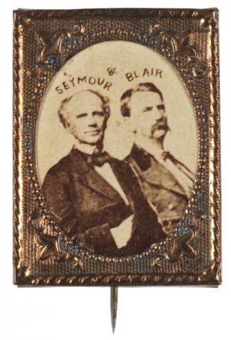 Photographs of Horatio Seymour and Francis P. Blair, Jr., set in copper or brass frames with a pin for attachment to a lapel