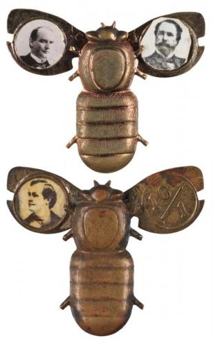 A gold mechanical lapel pin in the shape of a bee depicting William Jennings Bryan and the "16/1" slogan and a silver mechanical lapel pin with photographs of McKinley and his running mate Garret Hobart as wings 