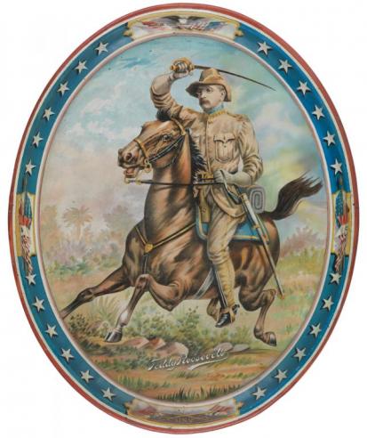 A serving tray featuring an image of Teddy Roosevelt on a galloping horse, dressed in Rough Rider uniform