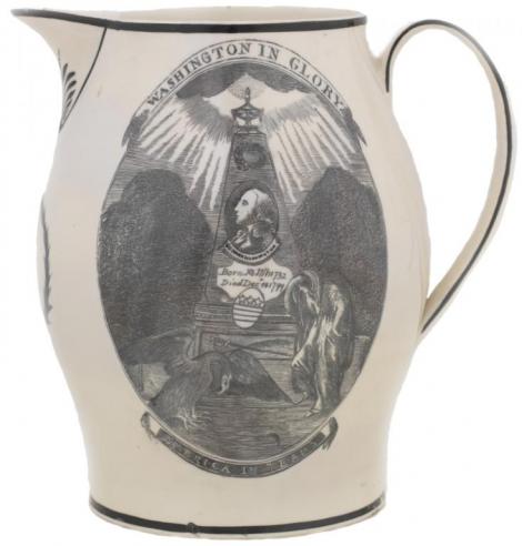 a cream ware pitcher from Liverpool, England, commemorating George Washington’s death 