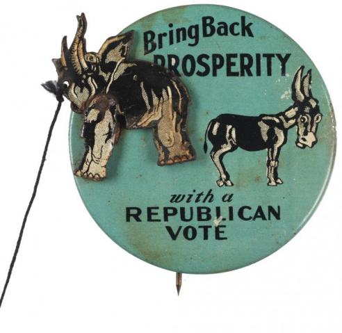 A mechanical badge showing a donkey and an elephant with the words, “Bring Back PROSPERITY with a REPUBLICAN VOTE.”