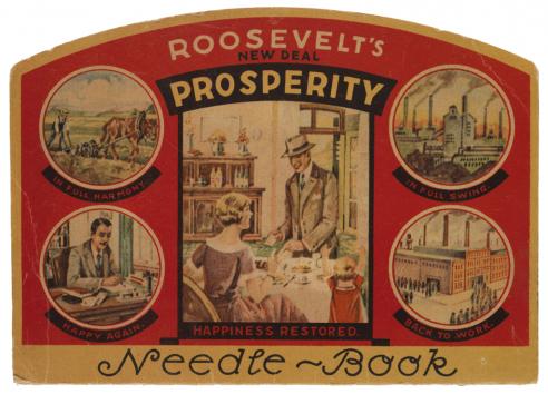 A case of sewing needles and thread with a cover that includes text and images supporting Franklin Roosevelt’s New Deal policies