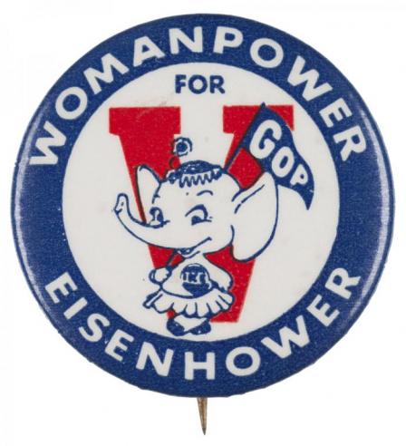 Red, white, and blue button with a feminine elephant cartoon holding a GOP flag with the words “Woman Power / Eisenhower.”