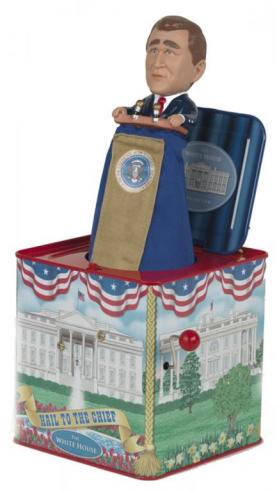 A Jack in the Box novelty item featuring a popup doll of George W. Bush