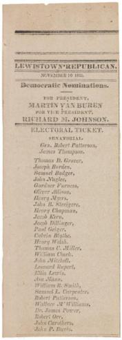A newspaper announcement of the Democratic Party presidential and senatorial candidates in 1835