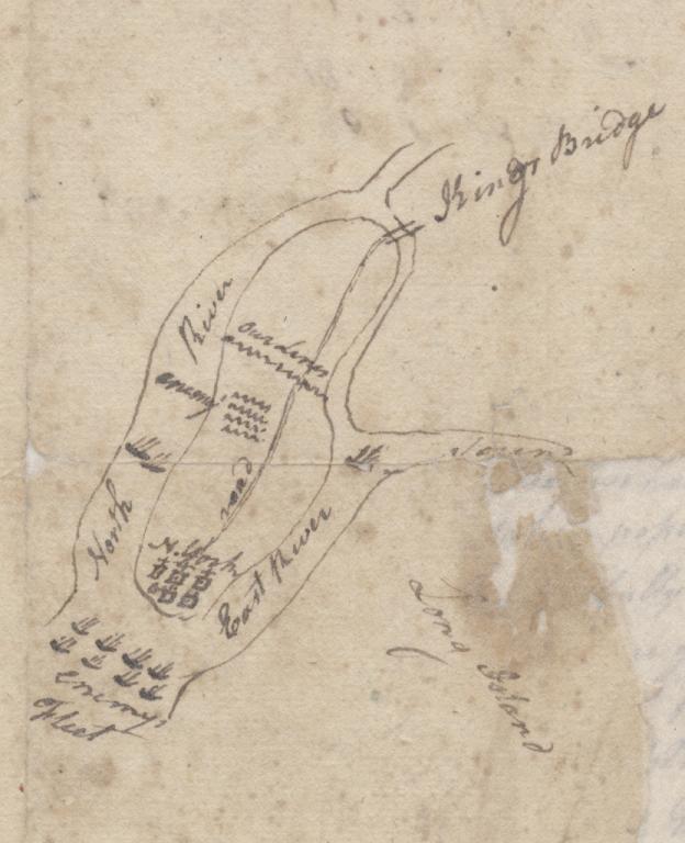  Vintage drawing detailing enemy fleets, land marks, and landscape locations of the battle of Harlem Heights by Capt. John Chilton.  