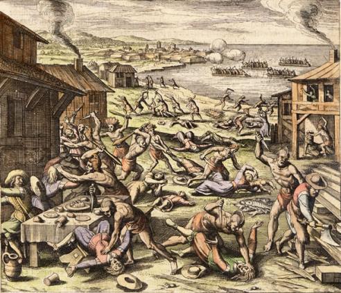 The massacre of the settlers in 1622, by Matthaeus Merian. A hand-colored engraving from book page, 1628 Plate 7 from America, Part 13 (German edition, 1628) (VHS Accession Number: 2007.103) The massacre of the settlers in 1622