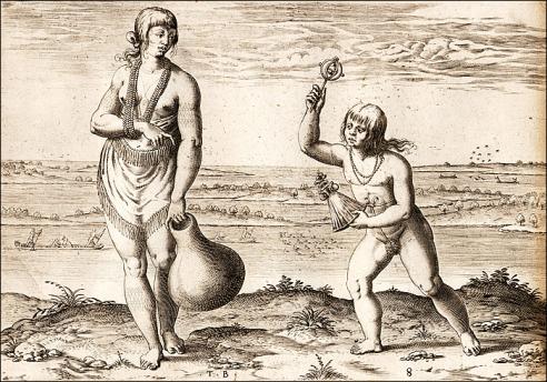 A Chief Lady of Pomeiooc by Theodore de Bry after John White. (Engraving from book page Plate 8 from America, Part 1, 2nd ed., Frankfurt, 1608, or 3rd ed., Frankfurt, 1634) A Chief Lady of Pomeiooc