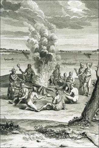 Engraved book page of a group of nine American Indians seated around a large fire as two others stand near. They are seated on land in front of a body of water where individuals paddling in canoes can be seen in the background.  