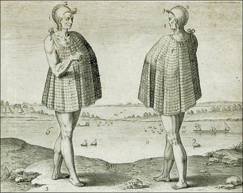 One of the religious men of the town of Secota by Gysbert van Veen after John White. (Engraving from book page, Plate 5 from America, Part 1, 1st ed., Frankfurt, 1590–1607) One of the religious men of the town of Secota