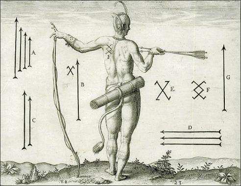 Painting of an American Indian man’s back profile in a posed position holding arrows in his right hand and a long stick in his right hand with his arm extended outwards. Symbols and arrows are included around the man, with the letters A, B, C, D, E, F, and G labeling each symbol. 
