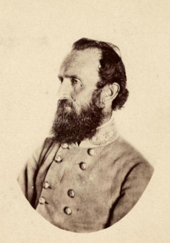 Vintage photograph of Thomas Jonathan "Stonewall" Jackson in military uniform looking towards the left. 
