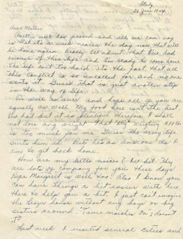 The last piece of correspondence from Harold Leazer to his mother dated June 25, 1944. (VHS call number: Mss1 L4895 a 1-302) Harold Leazer to his mother, June 25, 1944