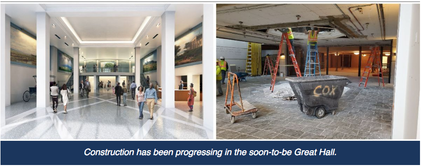 On the left, a rendering of a high-ceilinged columned entrance hall. On the right, construction works in the midst of work on the current gallery space.