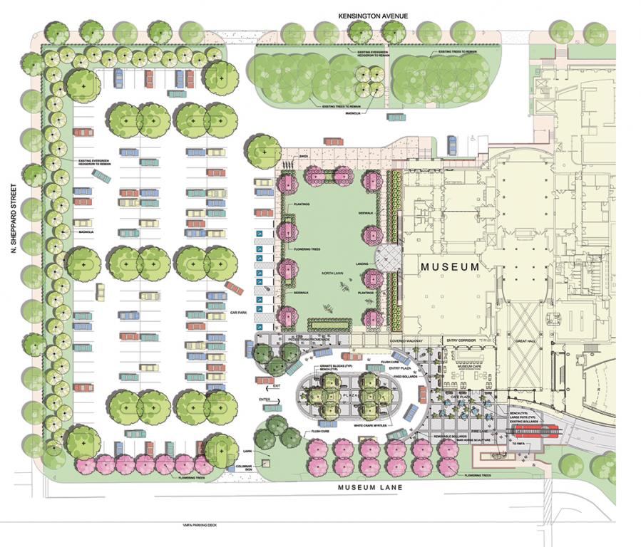 Landscape site plan for the VMHC: In Spring 2021, we will introduce to our grounds 43 12-foot-tall new magnolias of the same variety of those being removed, planting them in a more sustainable arrangement to prevent entanglement or harm to the trees along Sheppard and Kensington Streets. In addition, we will plant 7 oak trees in the empty sidewalk wells along both streets, as well as a variety of new plants across our campus, including 23 new cherry blossom trees, 32 crape myrtles, 12 black gum trees, 3 elm trees, 3 maple trees, dozens of perennials flowers, and 600 boxwoods. This is the single biggest investment we’ve ever made to our landscaping, and we look forward to welcoming you to this renewed oasis!