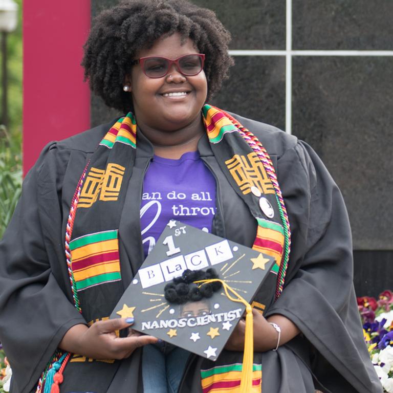 In 2018, Ginai Seabron became Virginia’s first black female nanoscience graduate when she graduated from Virginia Tech. Seabron personalized her mortarboard with letters from the periodic table and other decorative details. Learn more about her story (and see her graduation cap that she gifted to VMHC) in the “Determined” exhibition. Plan your visit at VirginiaHistory.org/Determined. In 2018, Ginai Seabron became Virginia’s first black female nanoscience graduate when she graduated from Virginia Tech. Seabron personalized her mortarboard with letters from the periodic table and other decorative details. Learn more about her story (and see her graduation cap that she gifted to VMHC) in the “Determined” exhibition. Details at VirginiaHistory.org/Determined.